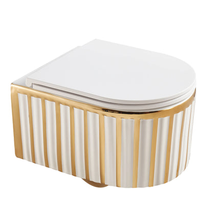 Vas WC Suspendat Rimless Alb Mat cu Decor Auriu și Capac Alb Soft-Close