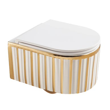 Vas WC Suspendat Rimless Alb Lucios cu Decor Auriu și Capac Alb Soft-Close