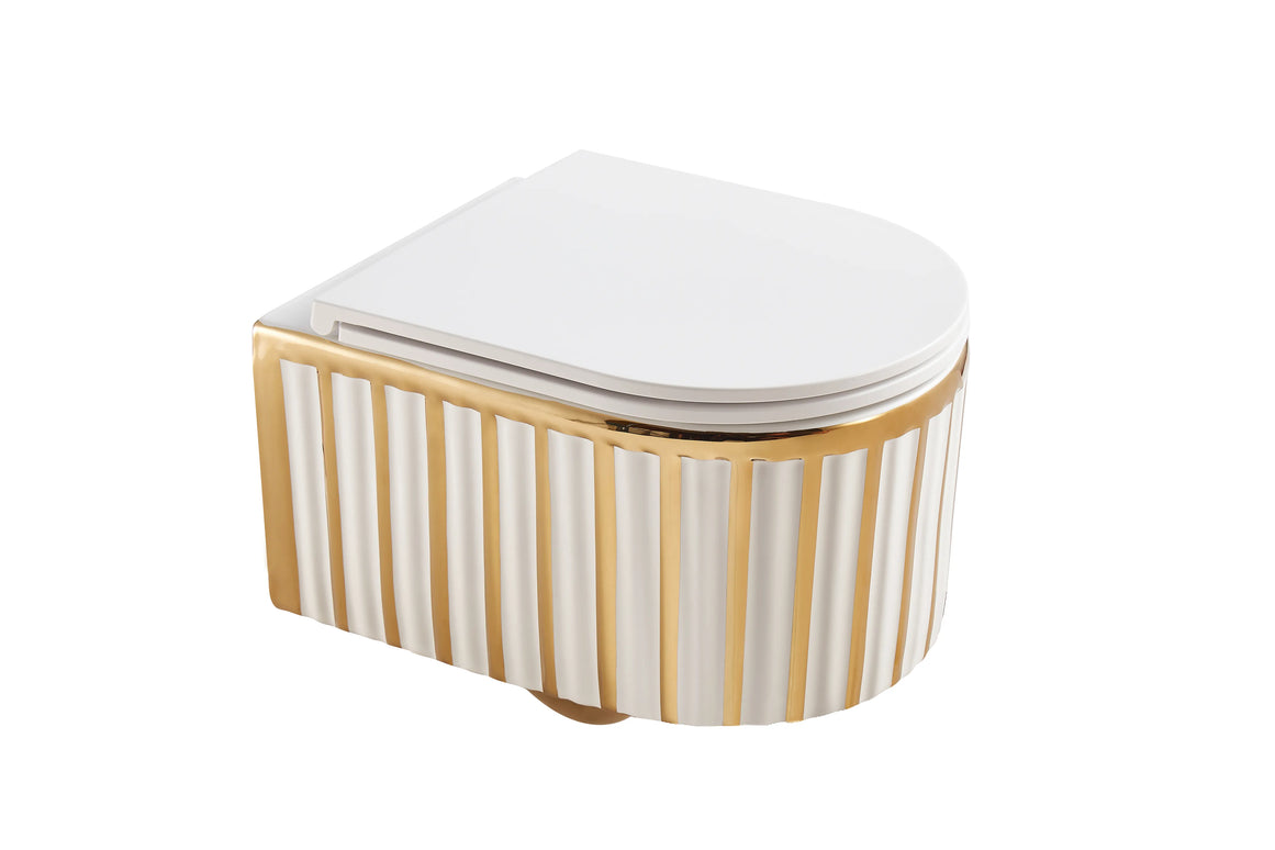 Vas WC Suspendat Rimless Alb Mat cu Decor Auriu și Capac Alb Soft-Close