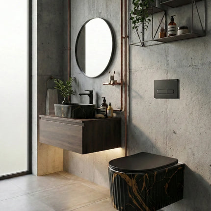 Vas WC Suspendat Rimless Negru Mat Marmurat cu Detalii Aurii