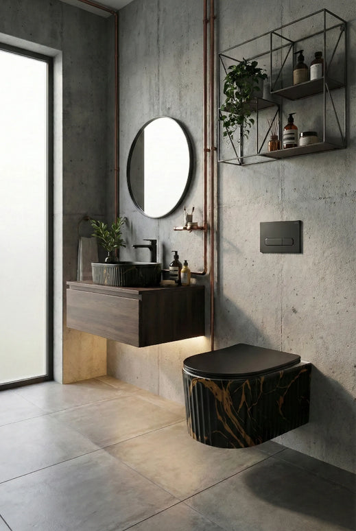 Lavoar ceramic oval A721-P394M – design marmorat negru mat cu detalii aurii