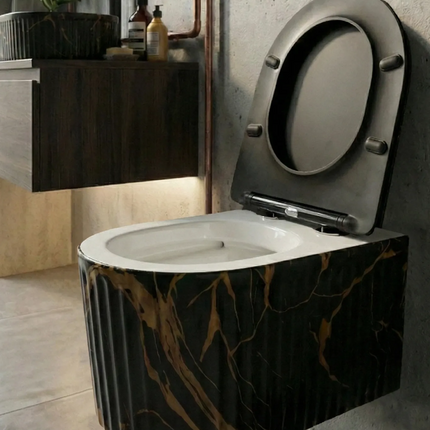 Vas WC Suspendat Rimless Negru Mat Marmurat cu Detalii Aurii