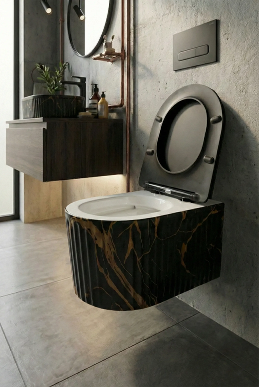 Vas WC Suspendat Rimless Negru Mat Marmurat cu Detalii Aurii
