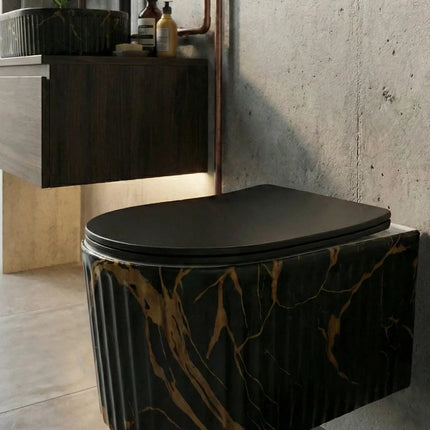 Vas WC Suspendat Rimless Negru Mat Marmurat cu Detalii Aurii