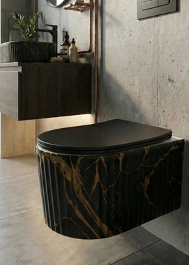 Vas WC Suspendat Rimless Negru Mat Marmurat cu Detalii Aurii