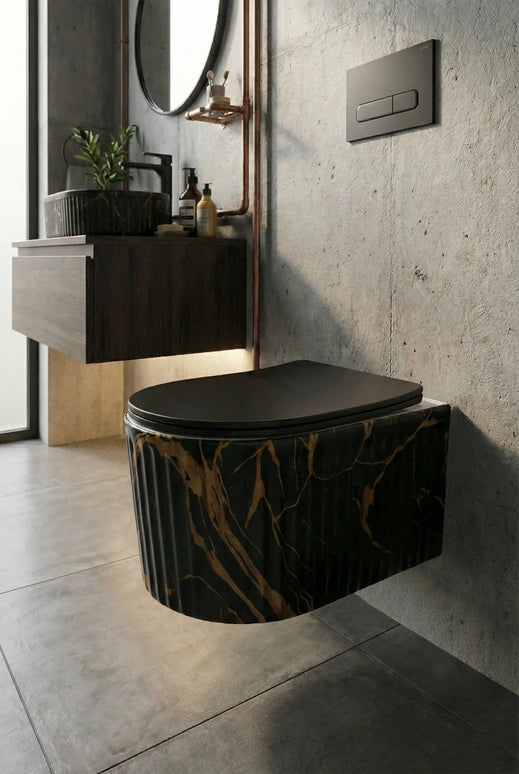 Vas WC Suspendat Rimless Negru Mat Marmurat cu Detalii Aurii