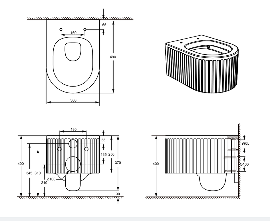 Vas WC Suspendat Rimless - Black Ribbed Matte