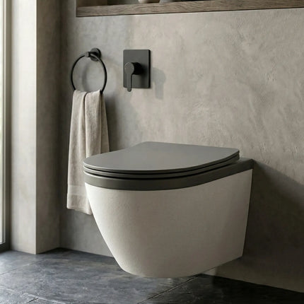 Vas WC Suspendat Rimless – Alb Mat Texturat cu Capac Gri Închis Mat