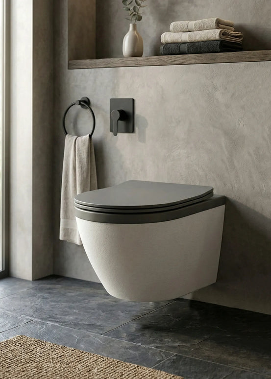 Vas WC Suspendat Rimless – Alb Mat Texturat cu Capac Gri Închis Mat