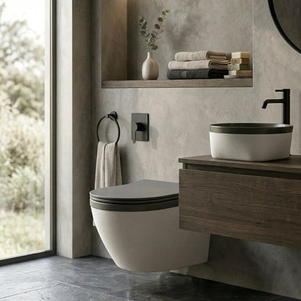 Vas WC Suspendat Rimless – Alb Mat Texturat cu Capac Gri Închis Mat