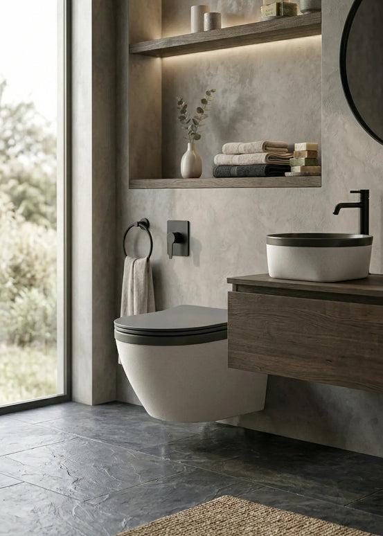 Vas WC Suspendat Rimless – Alb Mat Texturat cu Capac Gri Închis Mat