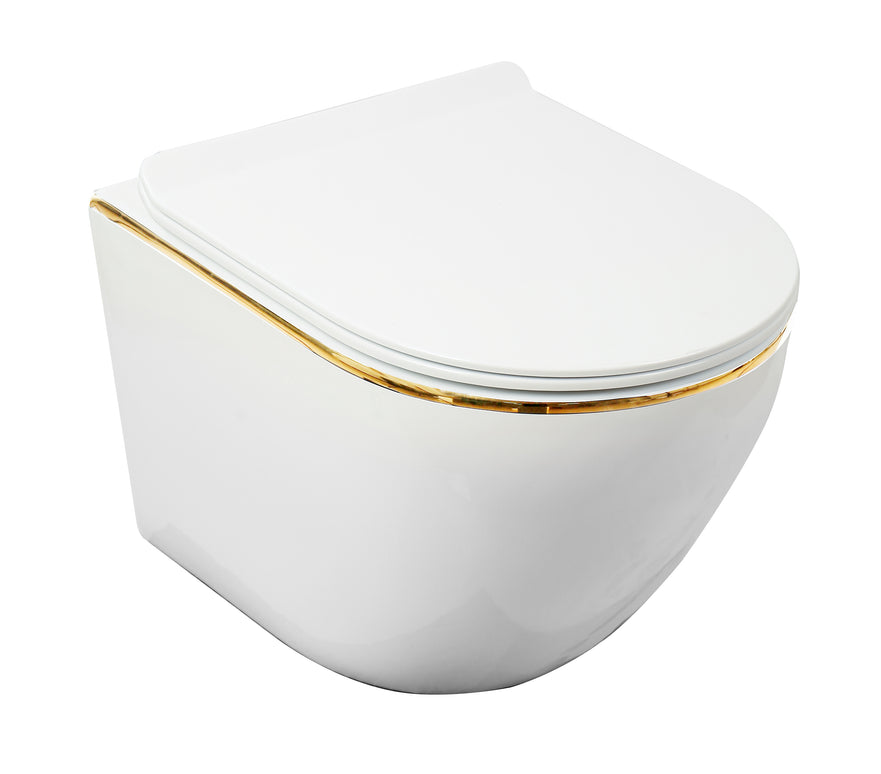 Vas WC Suspendat Rimless Alb Lucios cu Linie Aurie