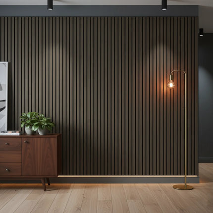 Panou riflaj decorativ XYPT-13 – lamele verticale nuc închis pe bază neagră