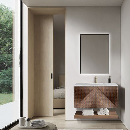 Mobilier Baie din Lemn cu Design Geometric & Oglindă LED – Model Premium