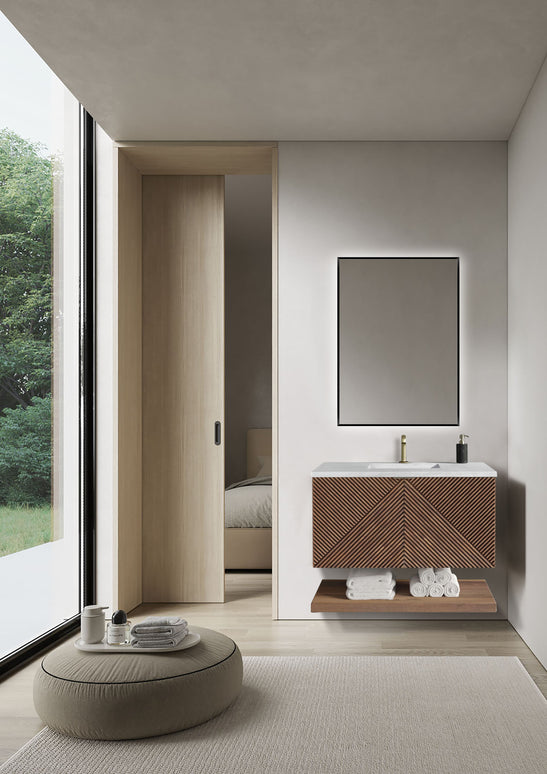 Mobilier Baie din Lemn cu Design Geometric & Oglindă LED – Model Premium