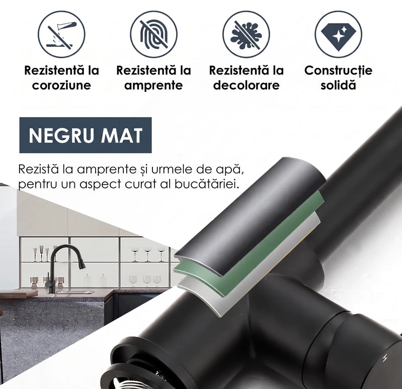 Baterie bucătărie YS-K01-Z – pipă extractibilă – 2 funcții – negru mat