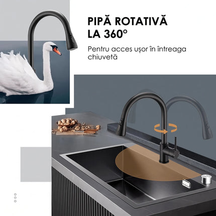 Baterie bucătărie YS-K01-Z – pipă extractibilă – 2 funcții – negru mat