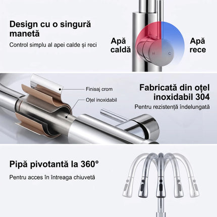 Baterie bucătărie YS-K01-Z – pipă extractibilă – 2 funcții – crom