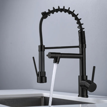 Baterie bucătărie YS-K71 – pipă flexibilă cu arc – două ieșiri – negru mat