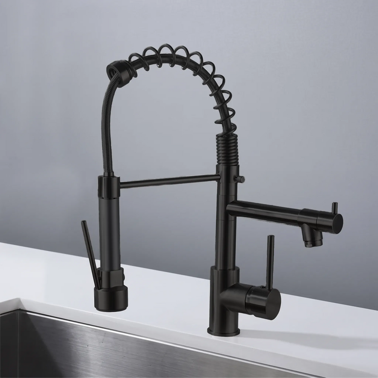 Baterie bucătărie YS-K71 – pipă flexibilă cu arc – două ieșiri – negru mat
