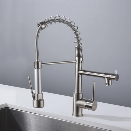 Baterie bucătărie YS-K71 – pipă flexibilă cu arc – două ieșiri – crom