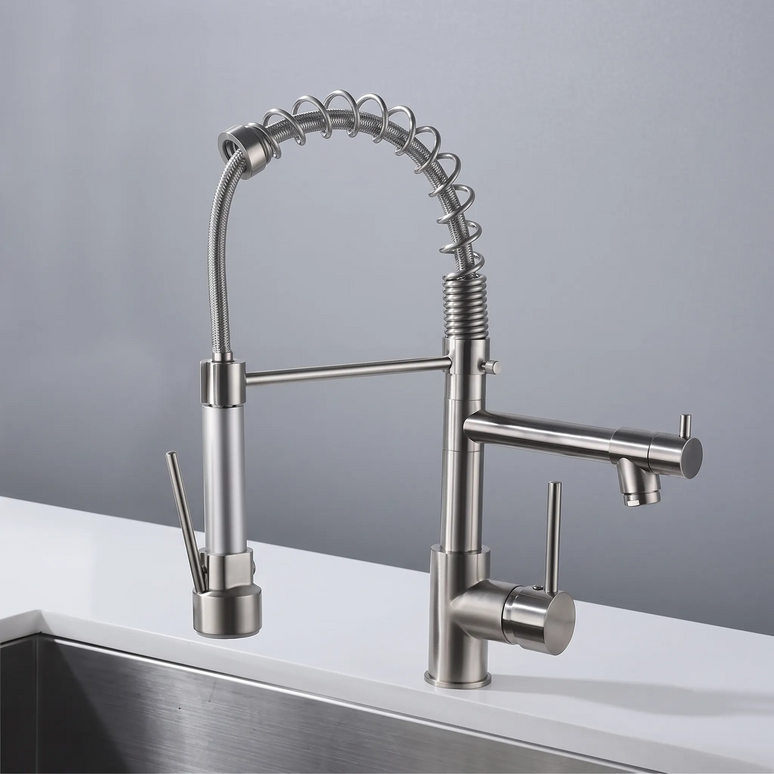 Baterie bucătărie YS-K71 – pipă flexibilă cu arc – două ieșiri – crom