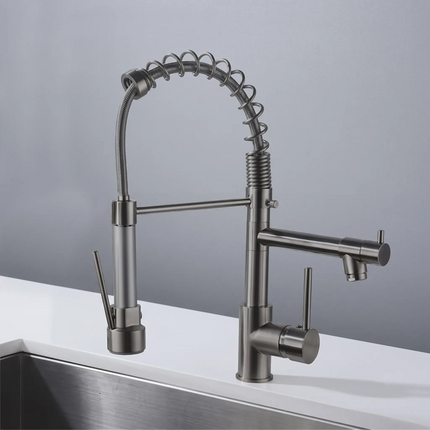 Baterie bucătărie YS-K71 – pipă flexibilă cu arc – două ieșiri – gri metalic