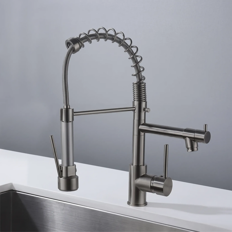 Baterie bucătărie YS-K71 – pipă flexibilă cu arc – două ieșiri – gri metalic
