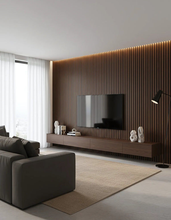 Panou riflaj decorativ Deep Walnut 001 – nuc închis intens cu fundal negru