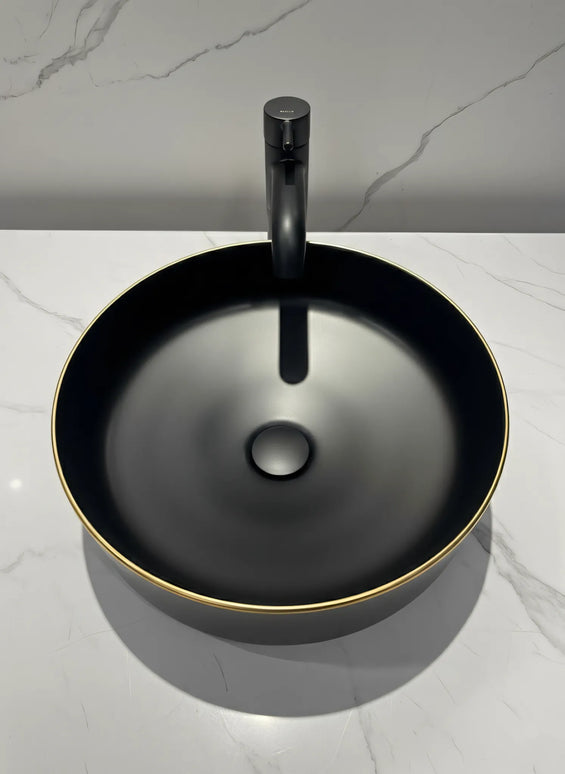 Lavoar ceramic rotund negru cu inserții aurii – model A712-CBK64-M