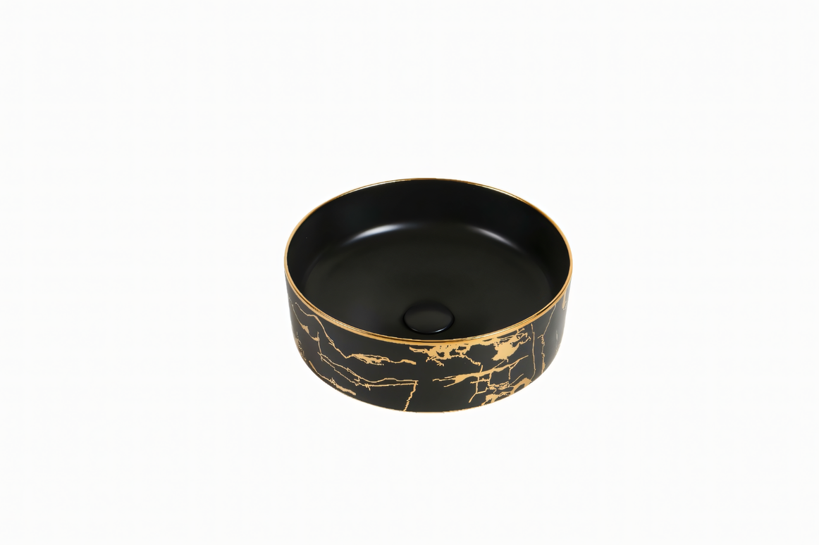 Lavoar ceramic rotund negru cu inserții aurii – model A712-CBK64-M