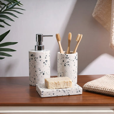 Set 3 piese accesorii de baie terrazzo alb cu gri