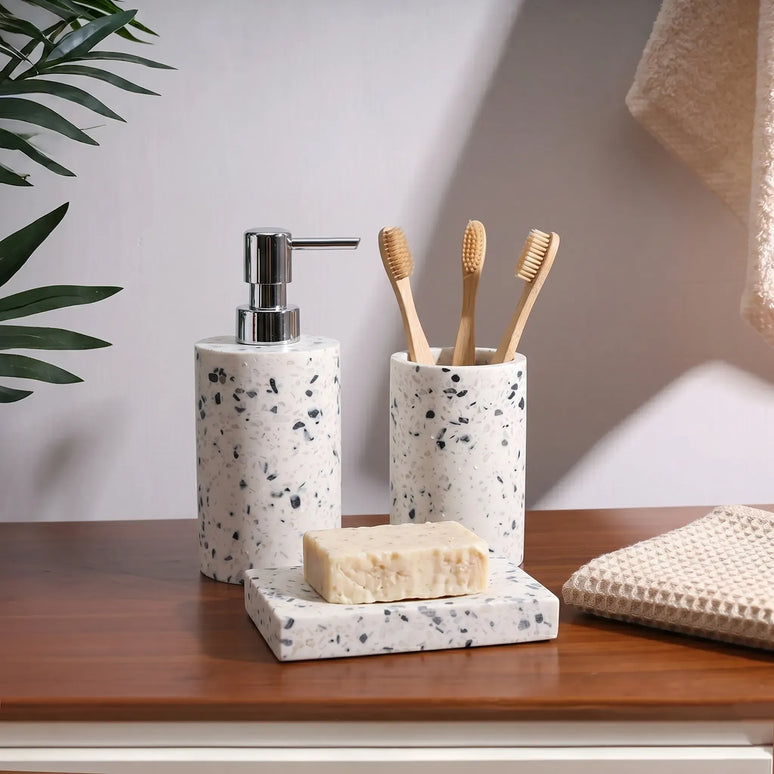 Set 3 piese accesorii de baie terrazzo alb cu gri