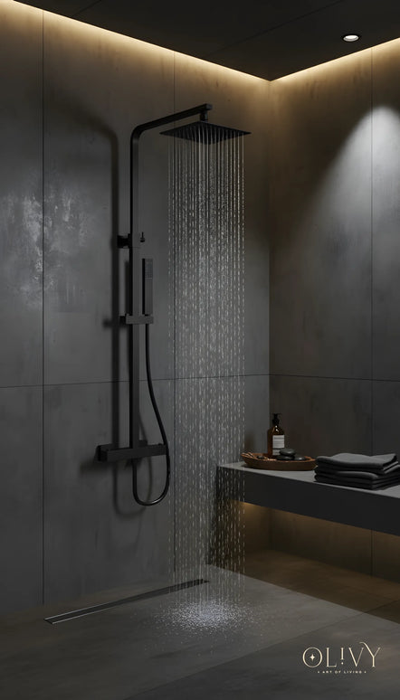 Set duș termostatic pătrat H-cubic – inox premium, finisaj negru mat