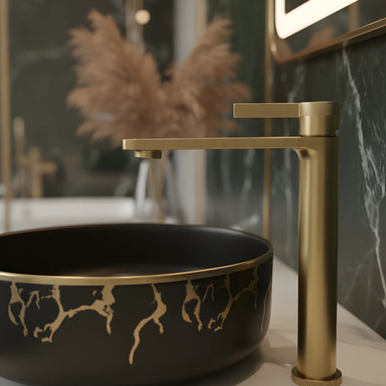 Baterie lavoar cu mâner rotund texturat vertical – finisaj auriu periat