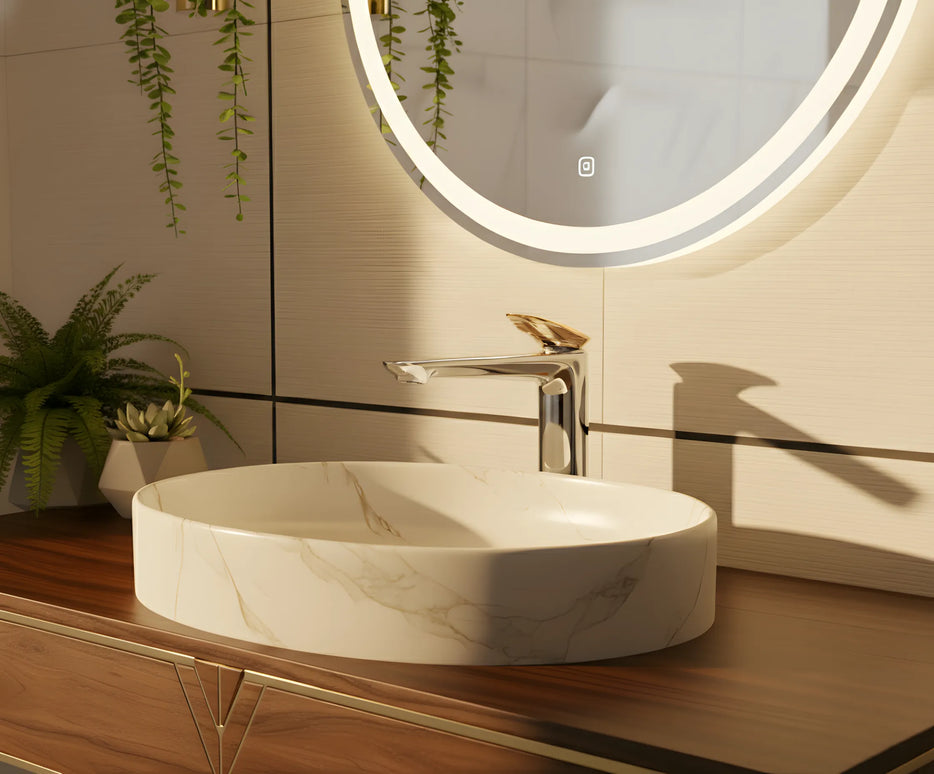 Baterie lavoar înaltă crom cu detaliu rose gold – design modern premium