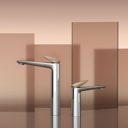 Baterie lavoar înaltă crom cu detaliu rose gold – design modern premium