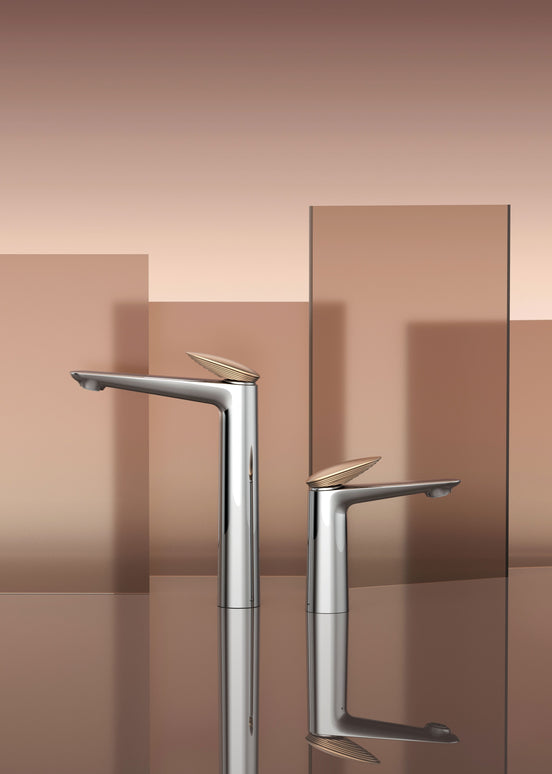 Baterie lavoar înaltă crom cu detaliu rose gold – design modern premium
