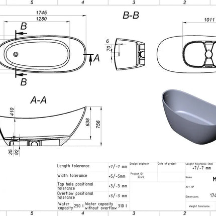 Cadă freestanding din compozit negru mat Marina, design oval 175 cm