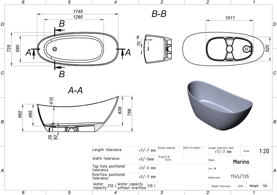 Cadă din compozit neagră mată Marina