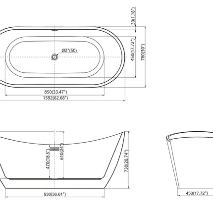 Cadă Freestanding Albă 1600x750x590– Design Modern și Elegant, Material Premium