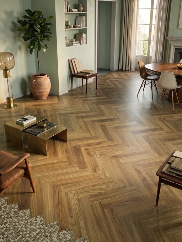 Parchet SPC Herringbone Caramel Oak 243 – 625x127x6.5 mm