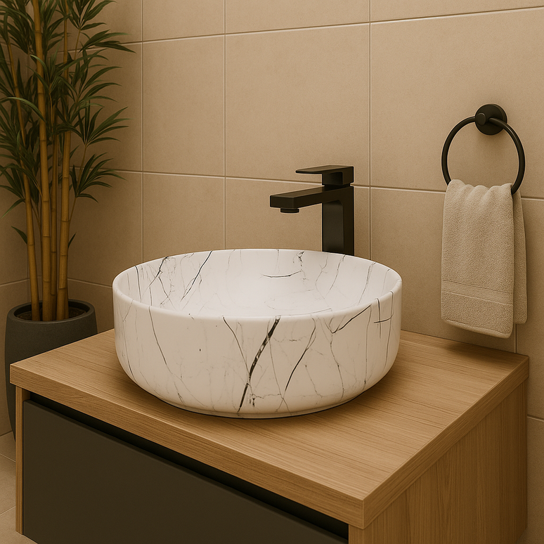 Lavoar Ceramic Rotund Alb cu Model Marmură Neagră a712-p429m