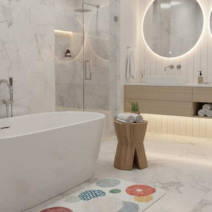 Covoras baie, SANITARY, imitatie casmir, 40x60 cm, alb cu cercuri decorative, Dreptunghiular