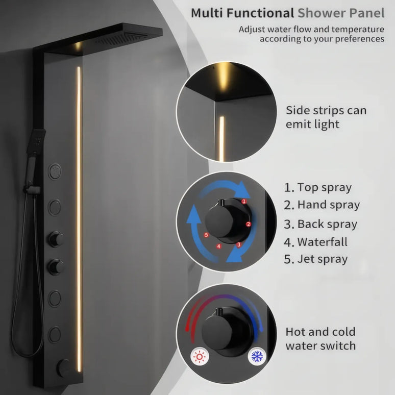 Panel de Duș Black Line – Design Modern cu Bandă Luminoasă și Funcții Multiple