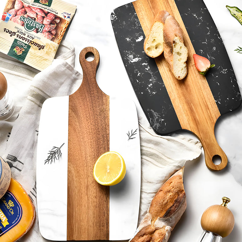 Tocător din lemn de acacia și marmură neagră, 40×20 cm, design modern, Olivy