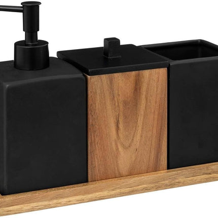 Set accesorii de baie, 4 piese, negru mat, ceramica + lemn