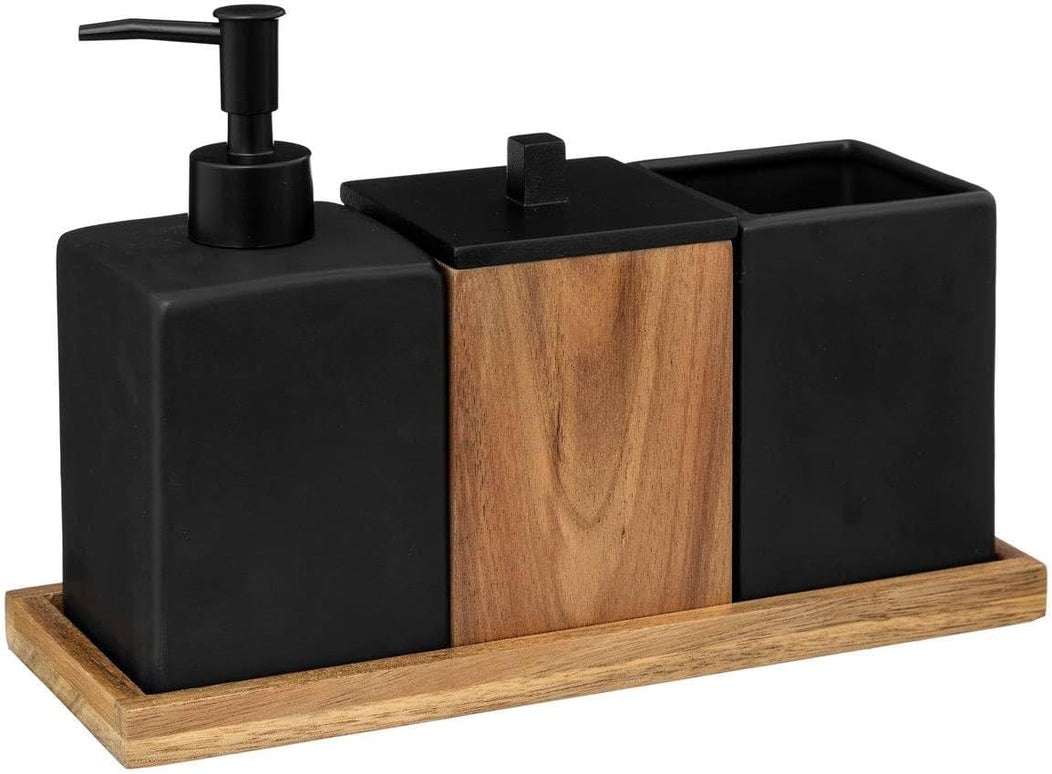 Set accesorii de baie, 4 piese, negru mat, ceramica + lemn