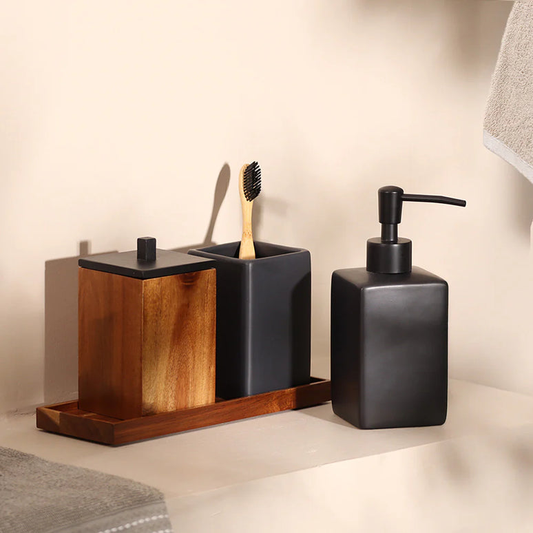 Set accesorii baie negru ceramică și lemn