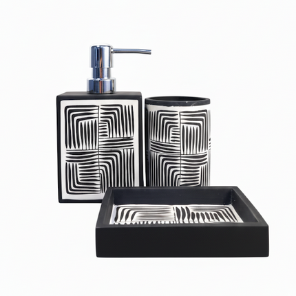 Set 3 piese accesorii de baie alb-negru geometric